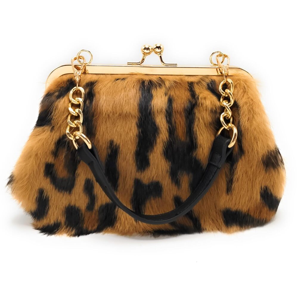 5220 Elegant Leopard Print Rex Rabbit Fur Handbag with Interchangeable